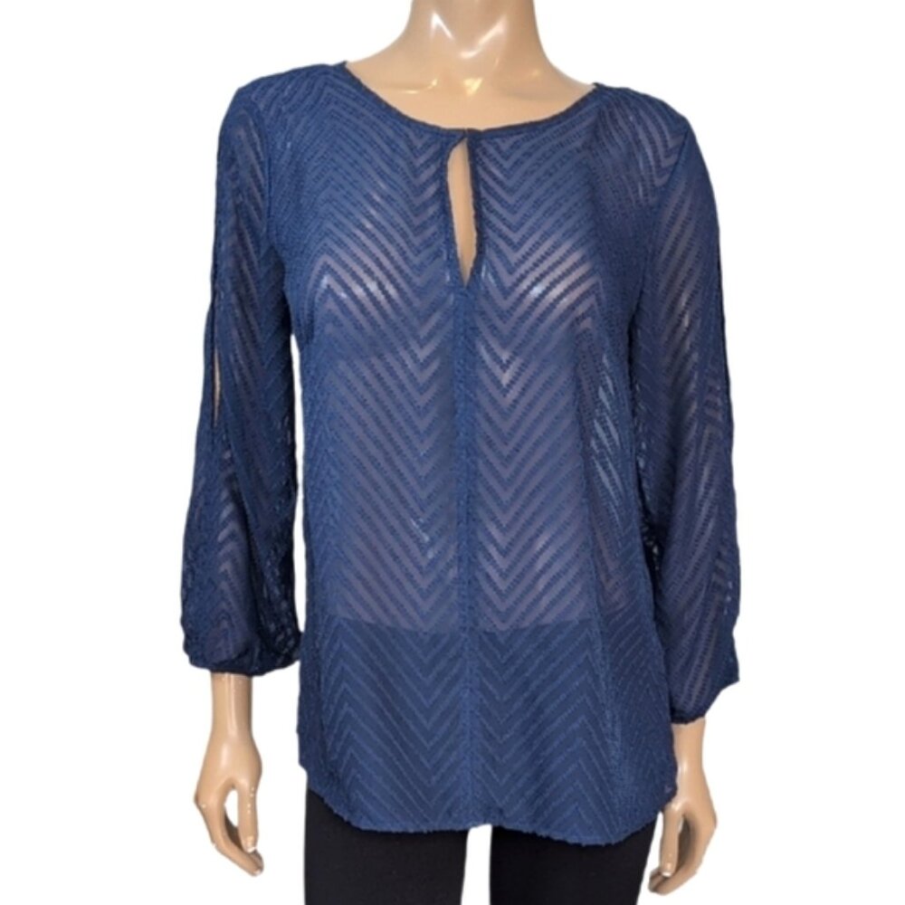 Denver Hayes Sheer Blouse Textured Long Slit Sleeves Chevron Navy Top Medium